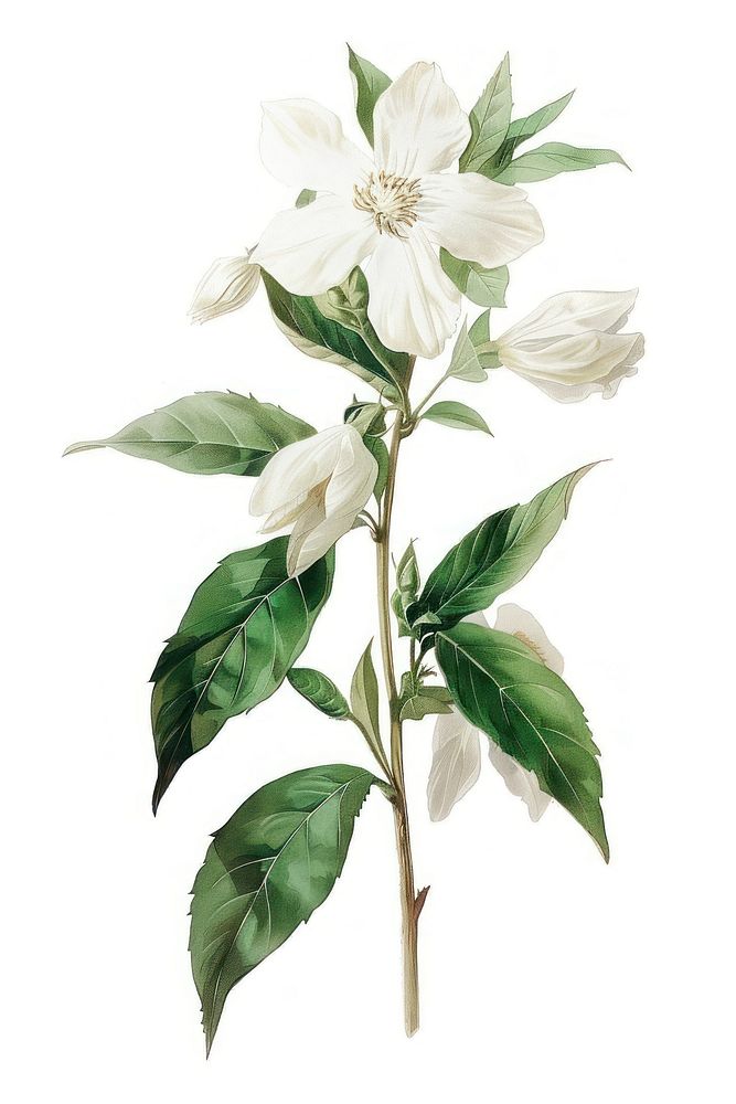 Botanical illustration jasmine blossom flower plant.