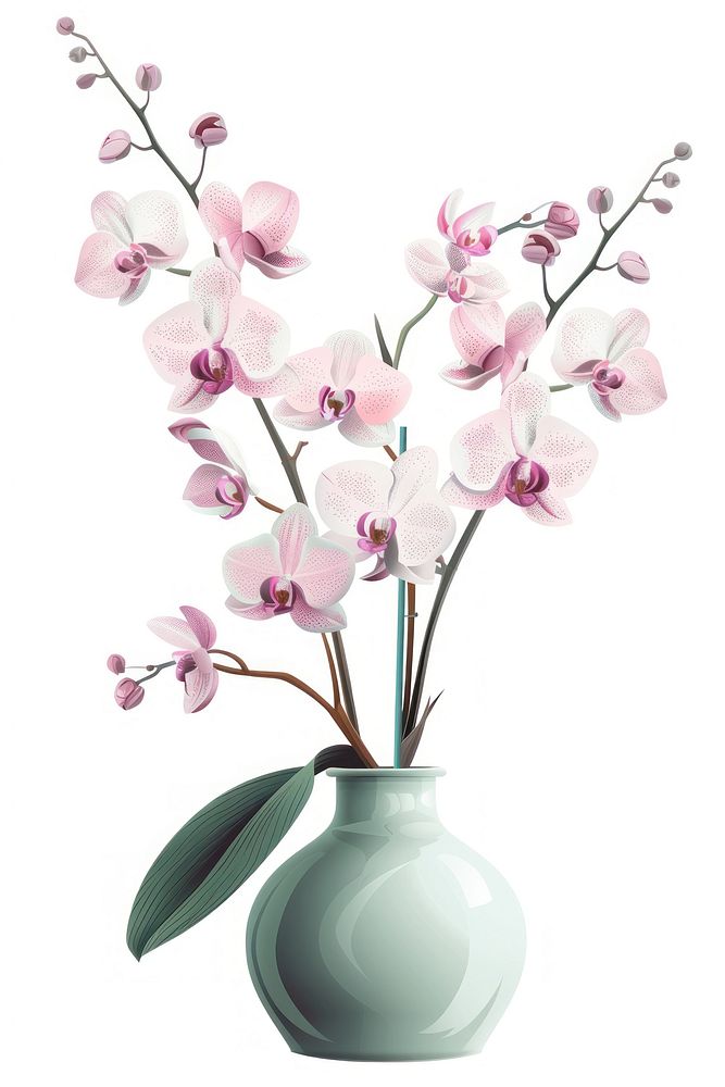 Botanical illustration orchid vase plant blossom flower inflorescence.