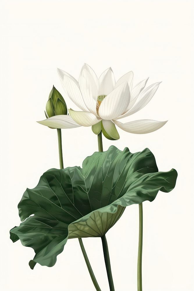Botanical illustration lotus flower plant white.