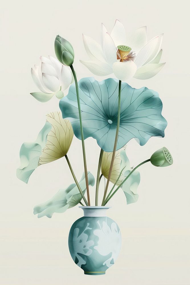 Botanical illustration lotus vase plant flower petal inflorescence.