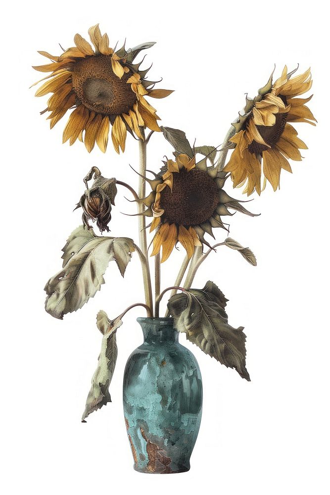 Botanical illustration sunflower vase plant painting art inflorescence.