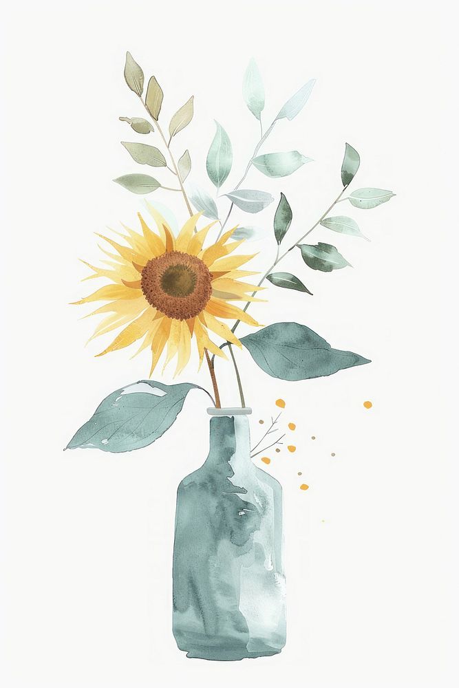 Botanical illustration sunflower vase plant painting art jar.