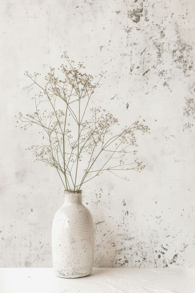 Botanical illustration wild flower vase plant architecture white wall.