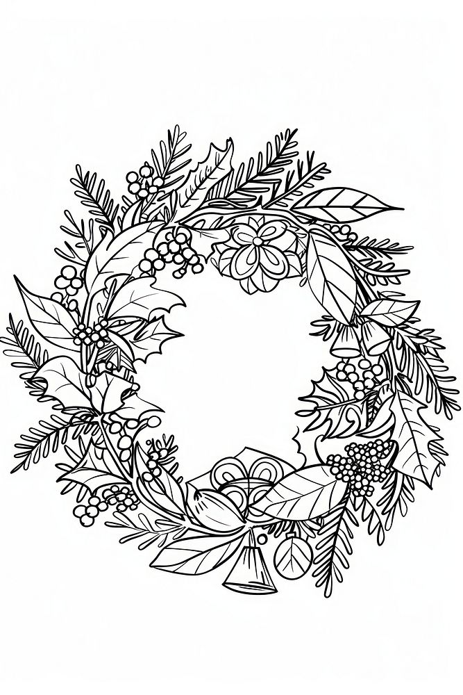 Continuous line drawing chirstmas wreath pattern sketch doodle.