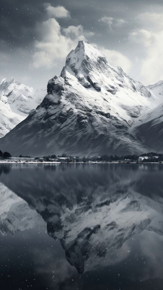 Grey tone wallpaper snowy mountain reflection landscape.