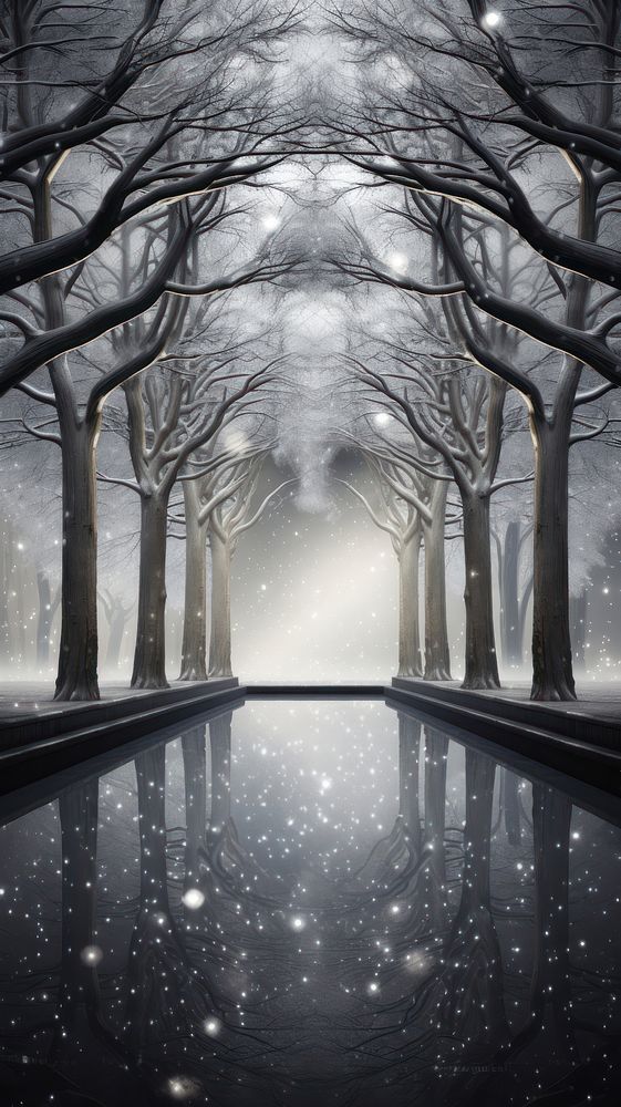Grey tone wallpaper trees reflection outdoors winter.