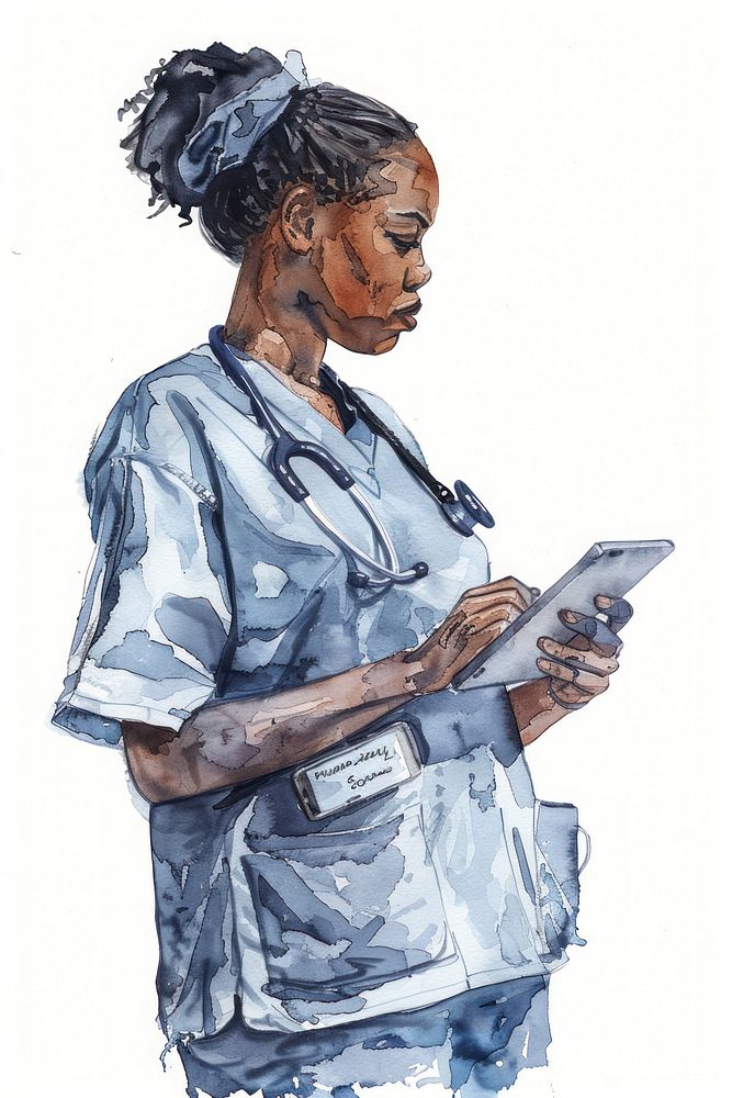 Monochromatic african american woman nurse holding a tablet painting adult stethoscope.