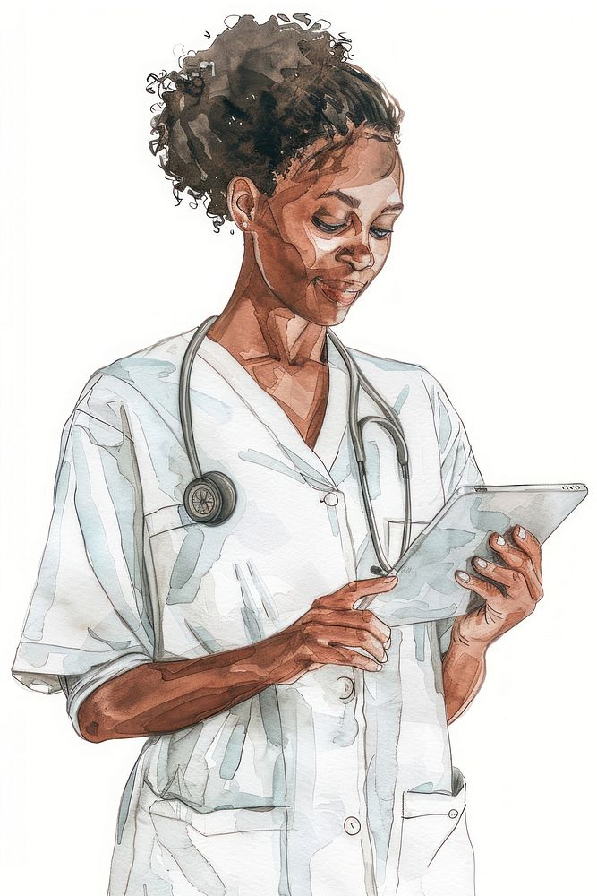 Monochromatic african american woman nurse holding a tablet drawing sketch adult.