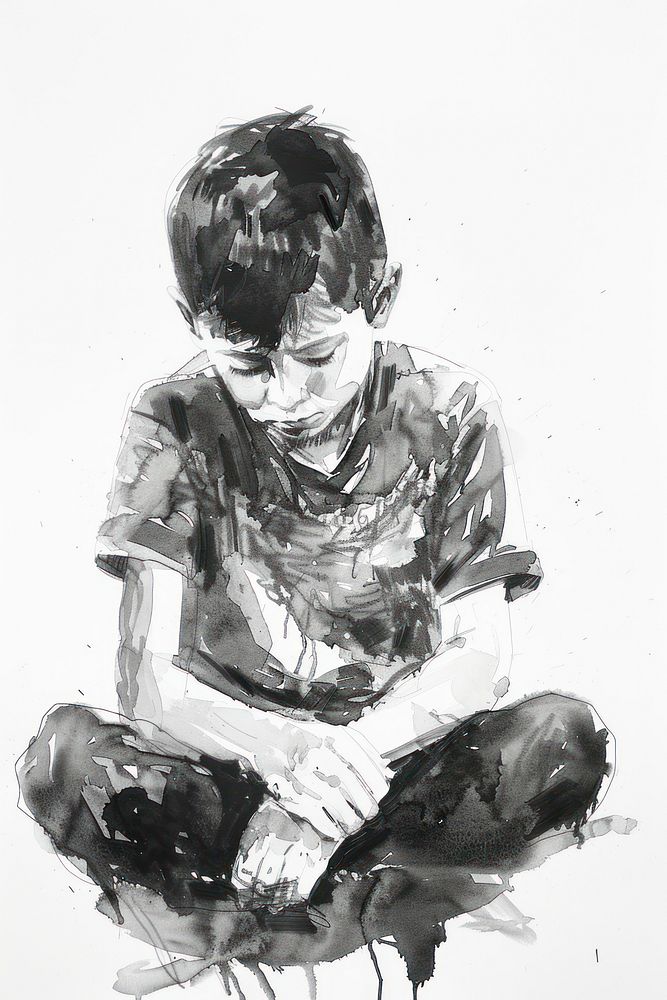 Monochromatic american boy painting drawing sketch.