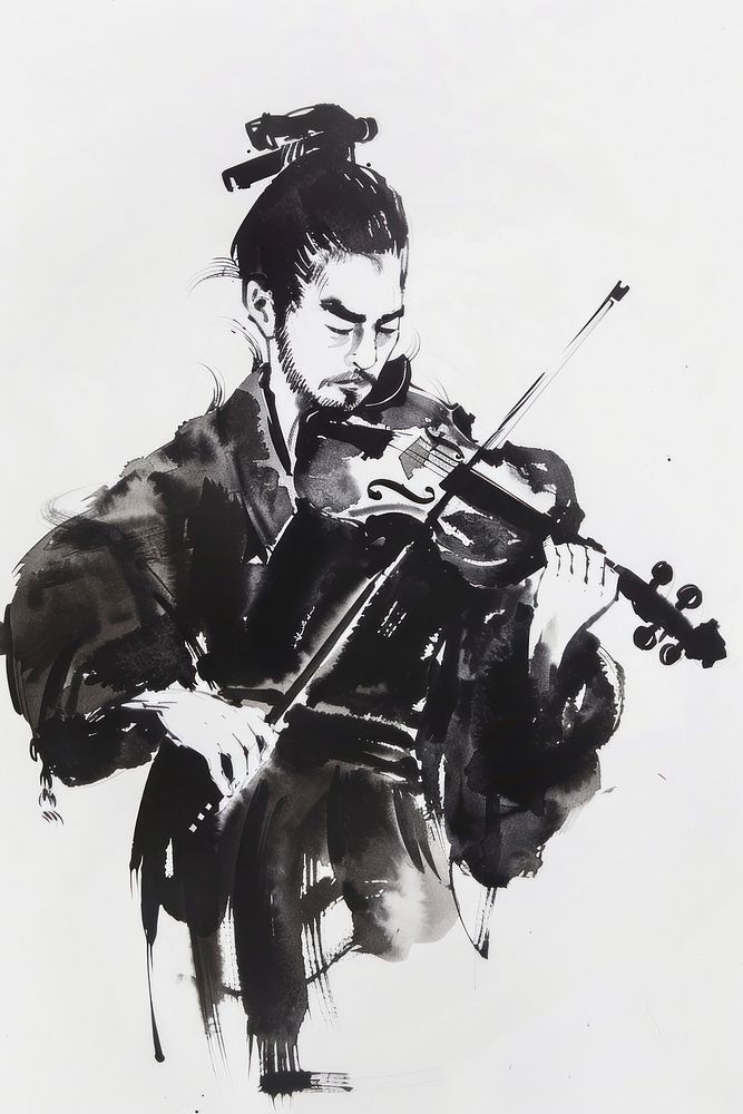 Monochromatic asian musician playing violin paper adult concentration.