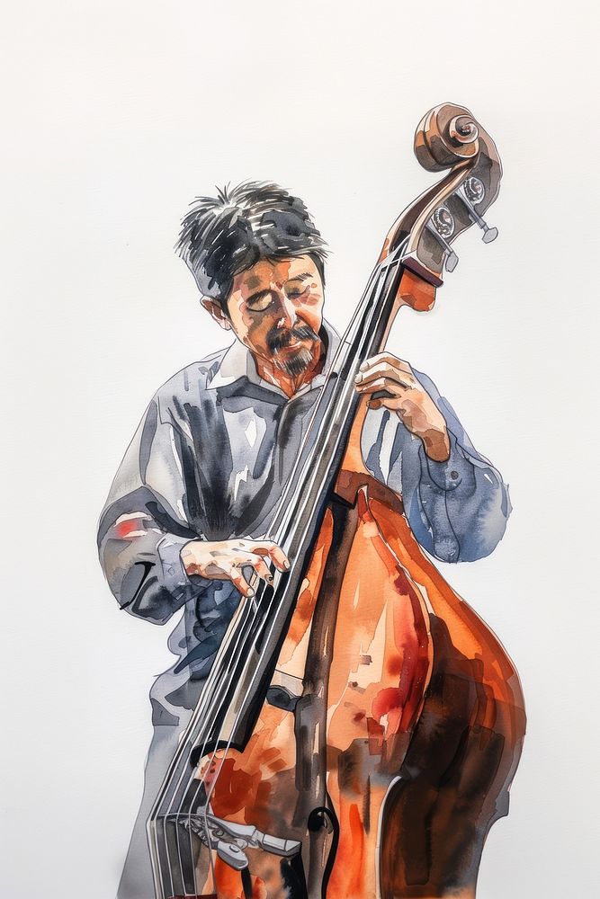 Monochromatic asian musician playing double bass cello adult performance.