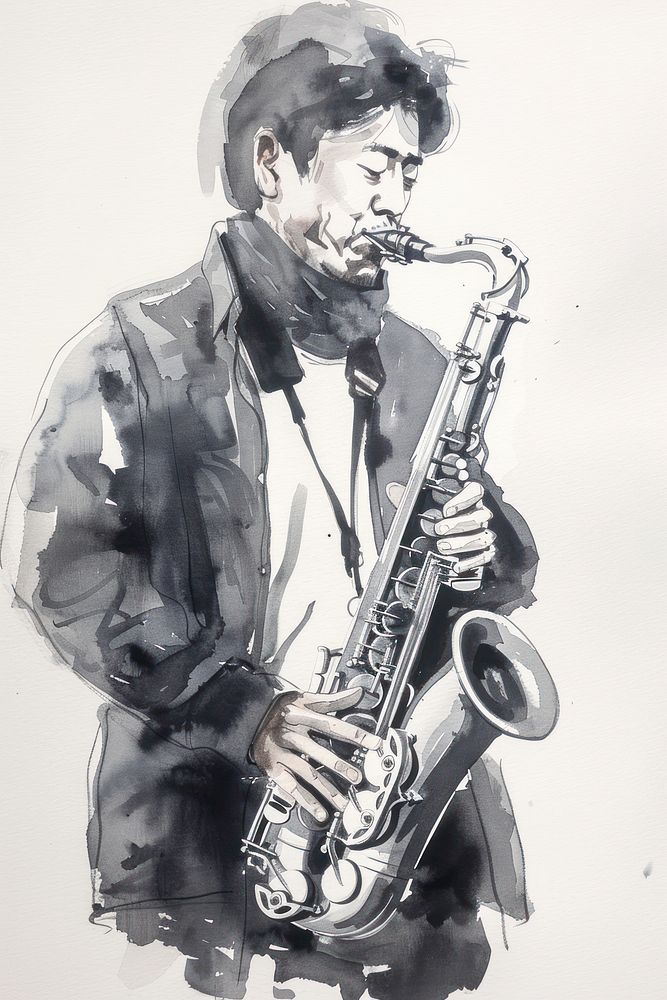 Monochromatic asian musician playing saxophone painting paper adult.