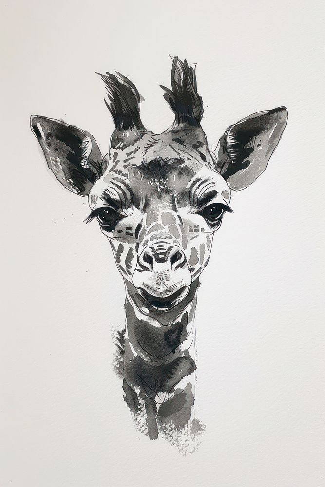 Monochromatic baby giraffe drawing mammal animal.
