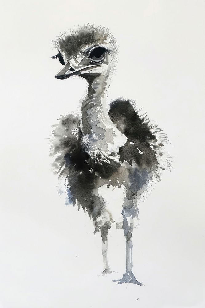 Monochromatic baby ostrich animal bird art.