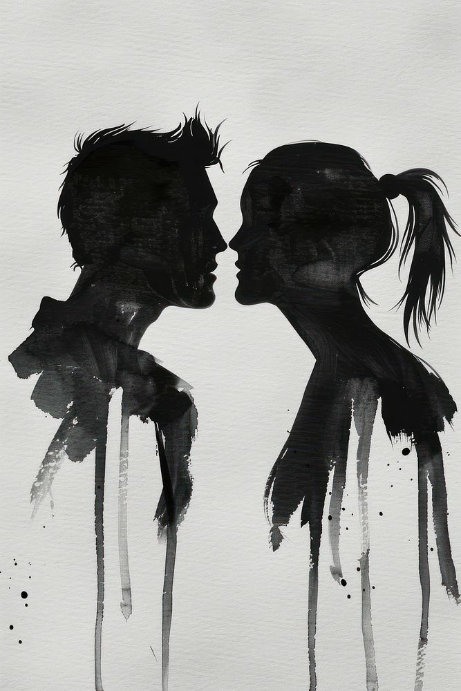 Monochromatic Couple whispering in the ear painting drawing sketch.