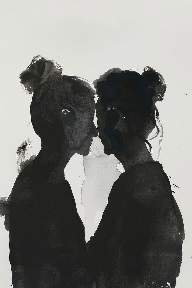 Monochromatic Couple whispering in the ear painting silhouette portrait.