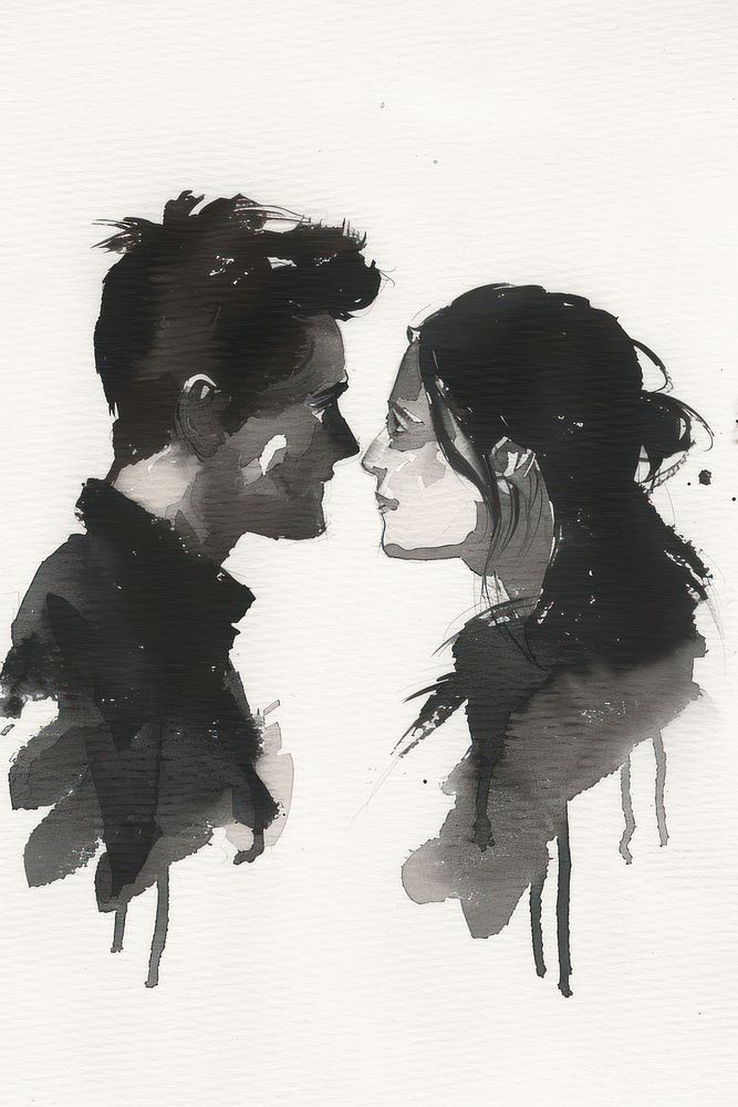 Monochromatic Couple whispering in the ear portrait painting drawing.