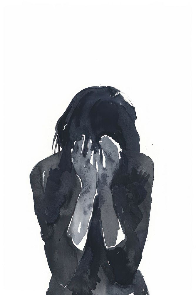 Monochromatic Depressed young woman hiding head in hands drawing sketch disappointment.