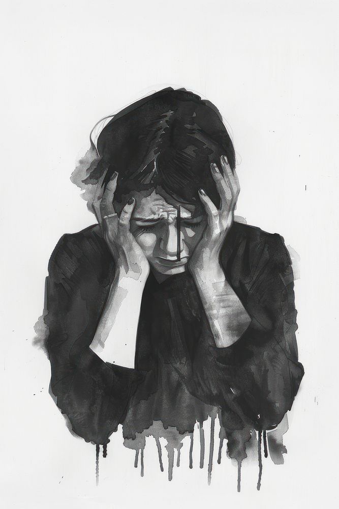 Monochromatic Depressed young woman hiding head in hands painting portrait drawing.