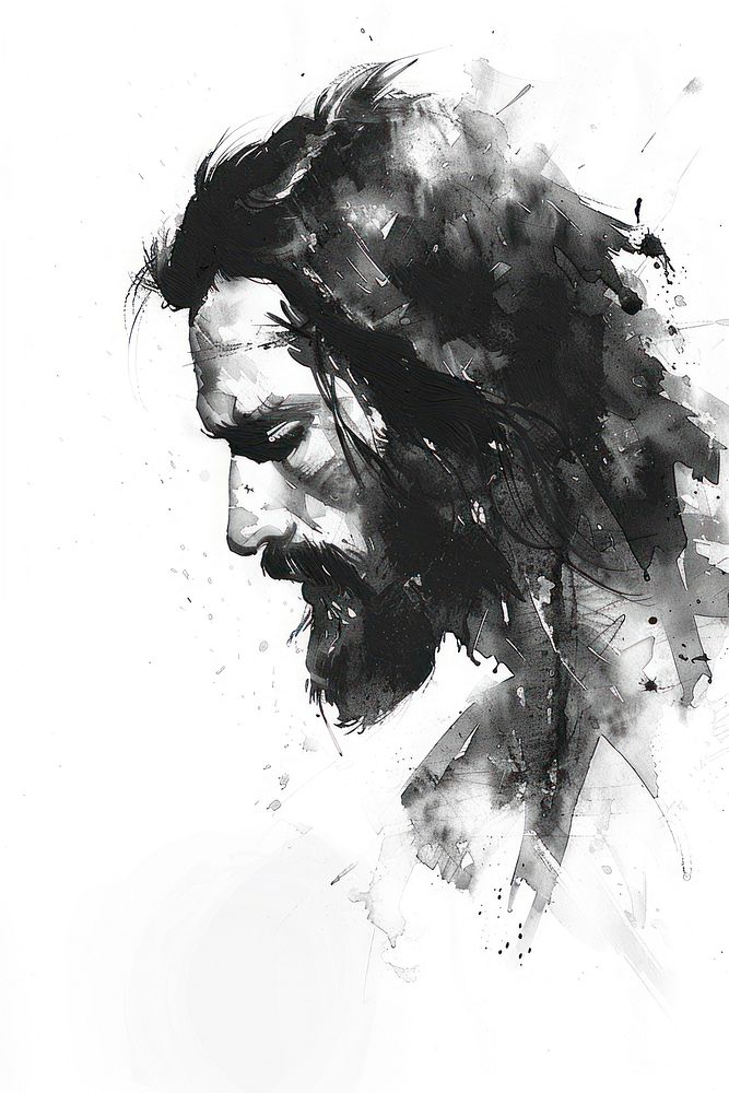 Monochromatic jesus christ portrait painting drawing.