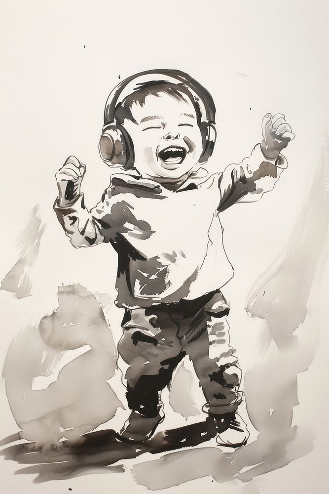 Monochromatic kid wearing music head phone drawing sketch baby.