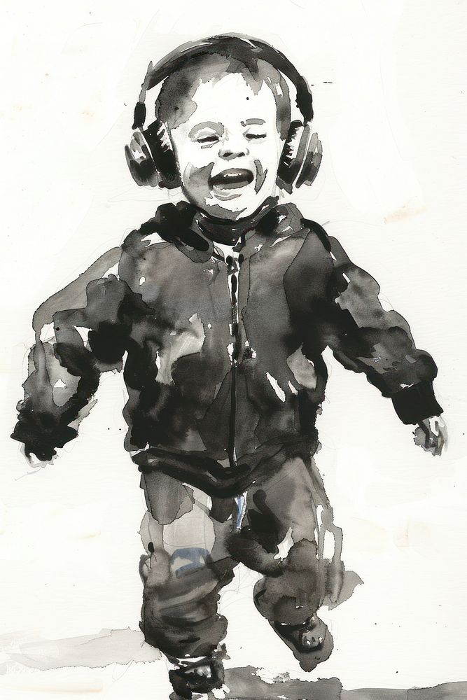 Monochromatic kid wearing music head phone portrait painting drawing.