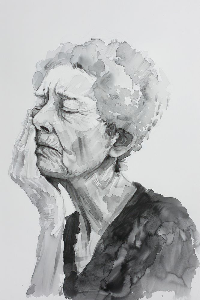 Monochromatic Senior woman touching cheek with hand portrait painting drawing.