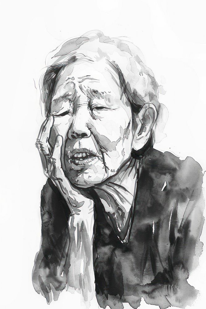 Monochromatic Senior woman touching cheek with hand portrait drawing sketch.
