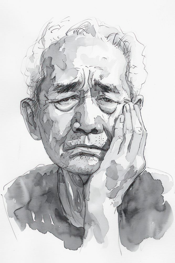 Monochromatic Senior man touching cheek with hand portrait drawing sketch.