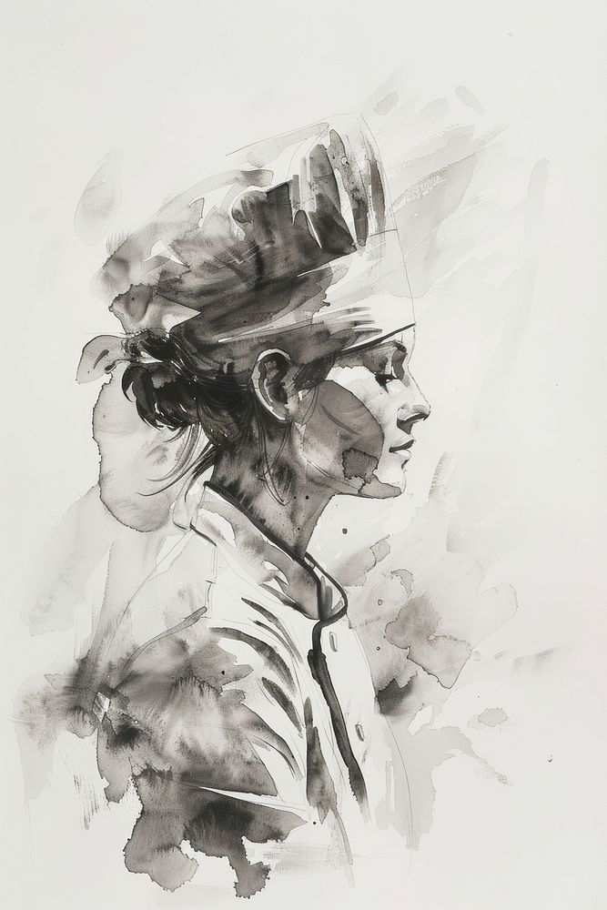 Monochromatic woman chef portrait painting drawing.