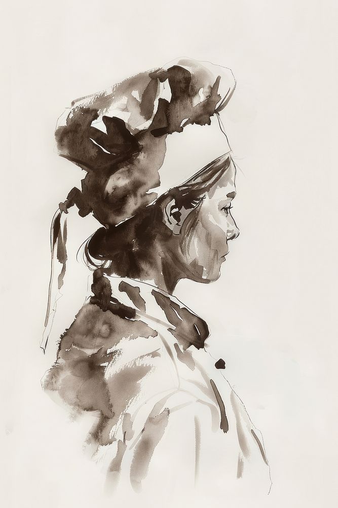 Monochromatic woman chef painting drawing sketch.
