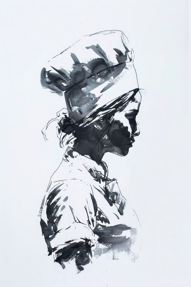 Monochromatic woman chef painting drawing sketch.
