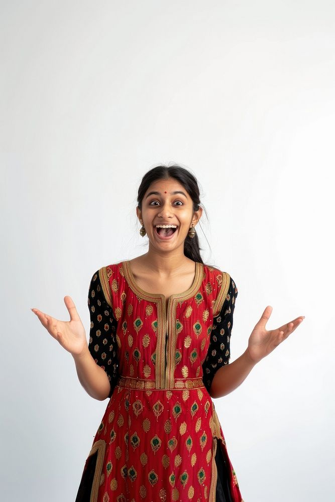 Excited indian woman raised her hands up portrait smile adult.