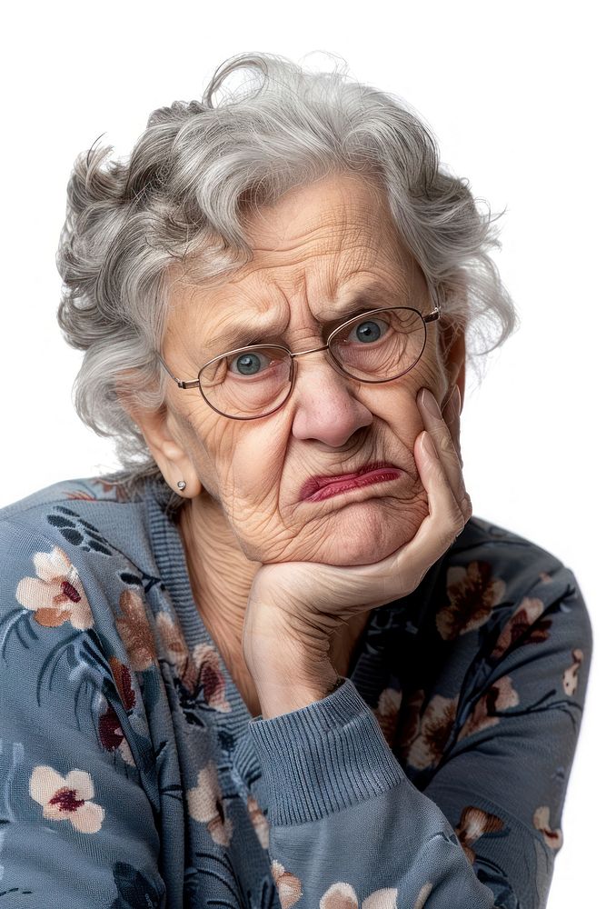 Senior woman touching cheek with hand portrait worried glasses.