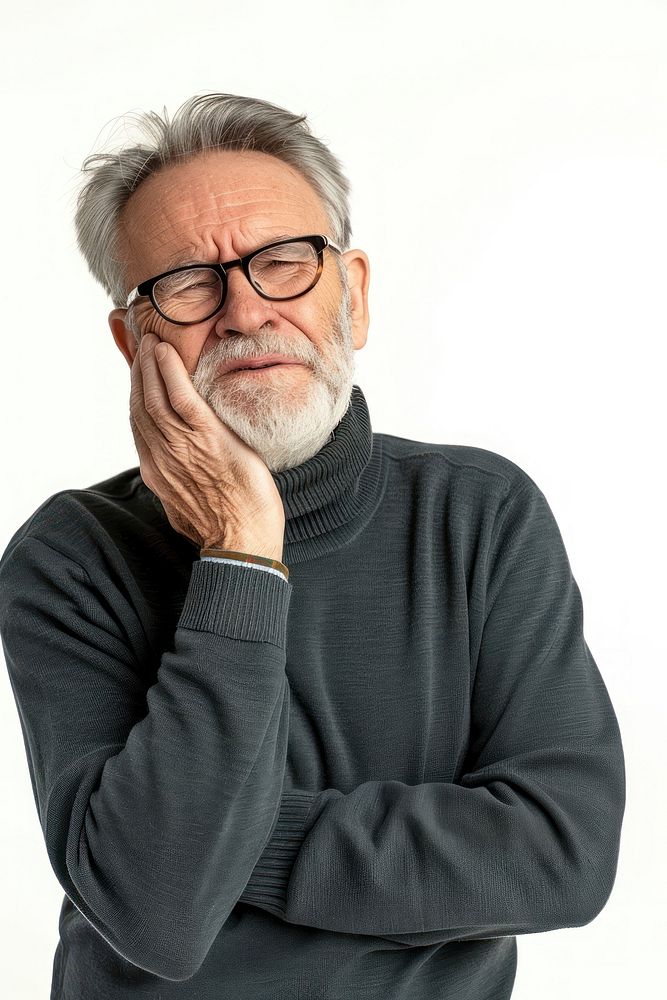 Senior man touching cheek with hand portrait glasses adult.