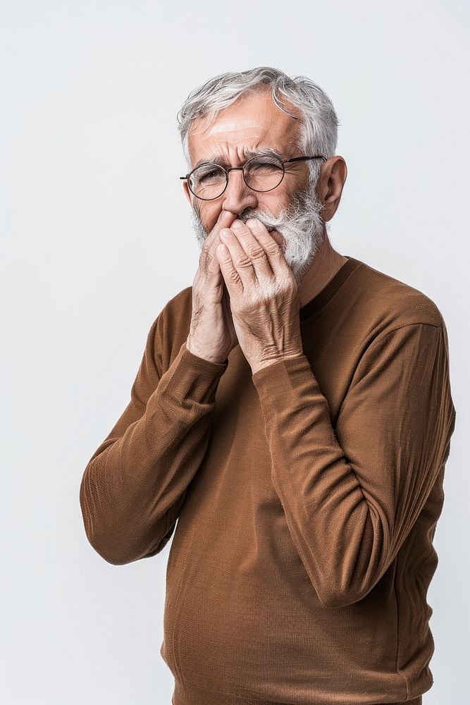 Senior man touching mouth with hand adult contemplation overworked.