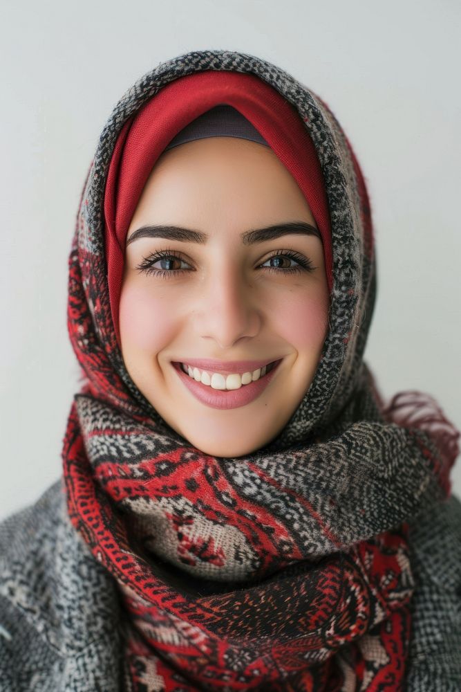 Cheerful lebanese woman portrait scarf smile.