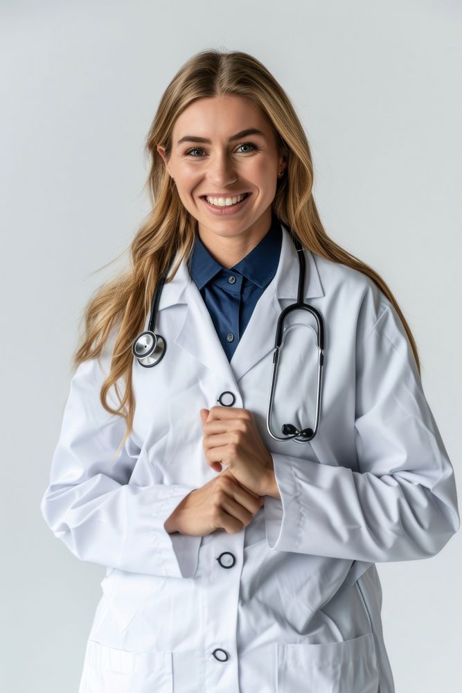 Smiling medical doctor woman with stethoscope portrait smiling white background.
