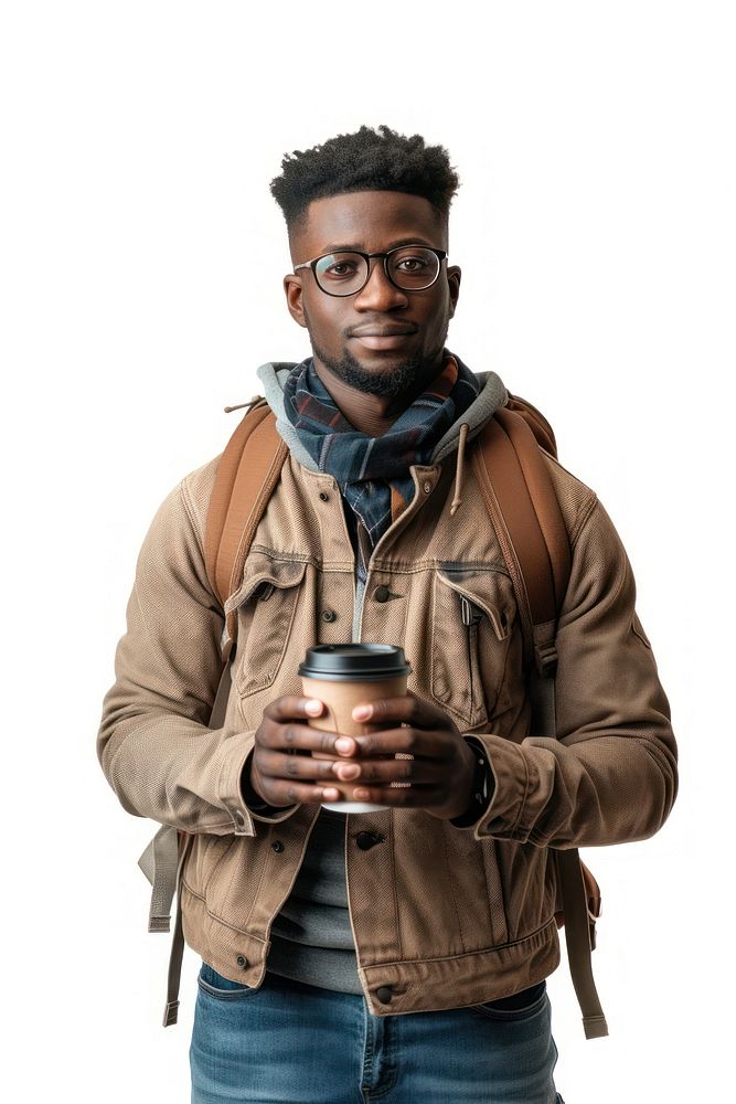 Young american african man with backpack holding smart phone and coffee portrait jacket photo.