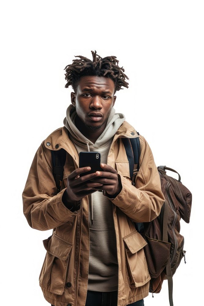 Young american african man with backpack holding smart phone and coffee portrait jacket adult.