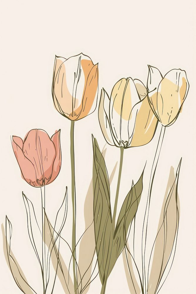 Single line drawing tulip flowers sketch plant art.