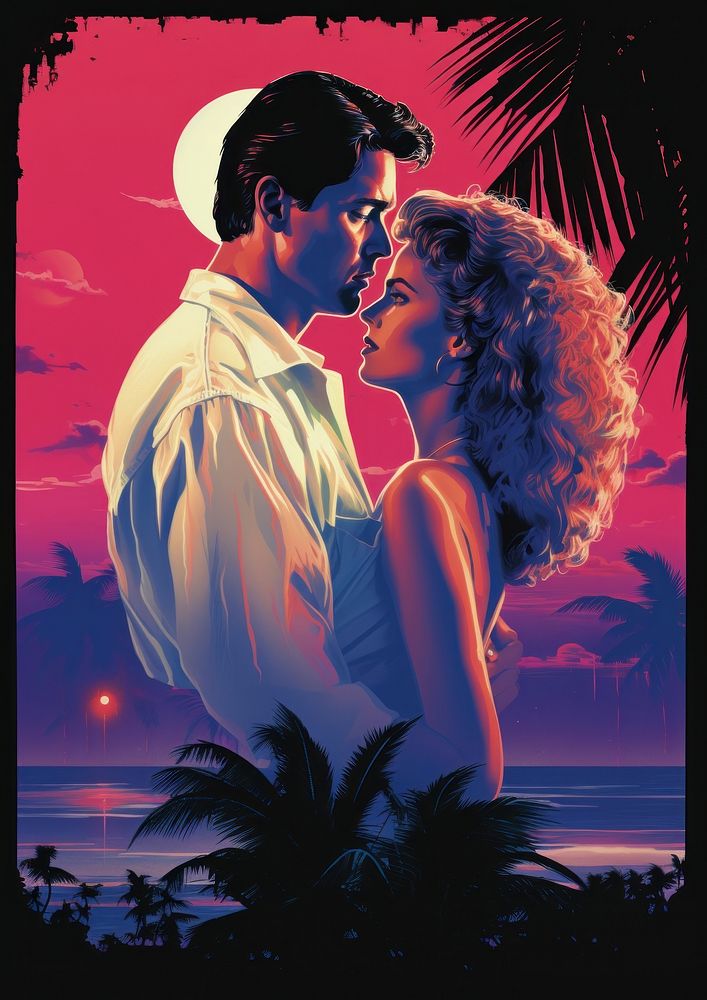 Romantic movie 1980s portrait kissing poster.