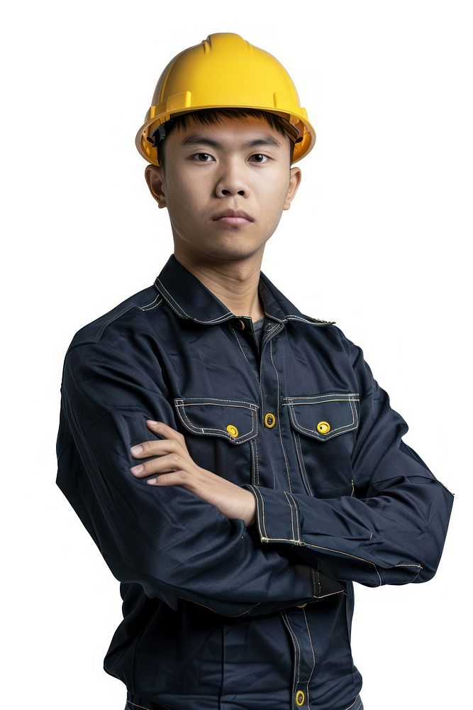 Industrial Asian engineer hardhat helmet white background.