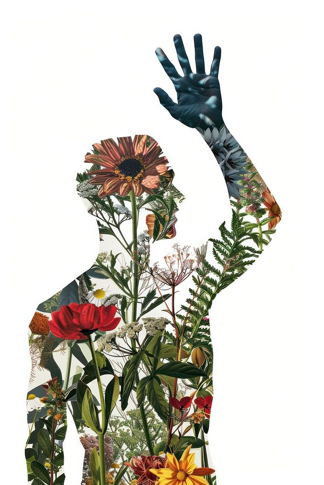 Collage man raising hand pattern flower plant.