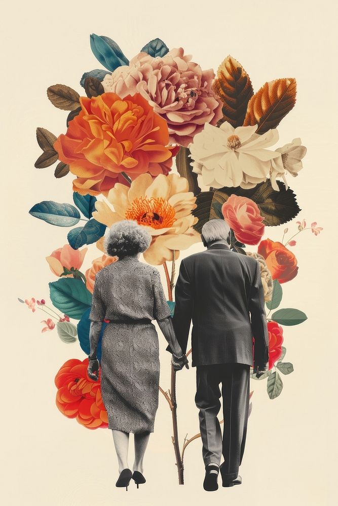 Elder couple holding hand flower painting pattern.
