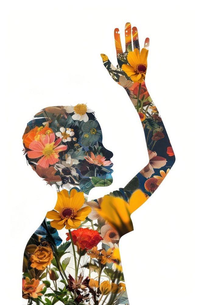 Collage boy raising hand pattern flower portrait.