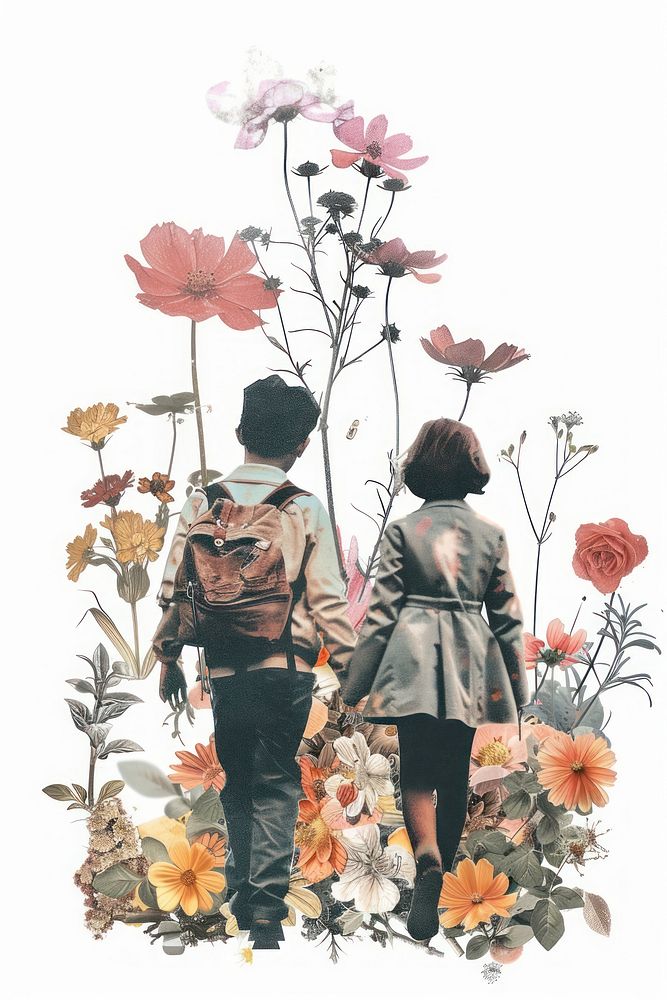 Child couple walking flower pattern plant.