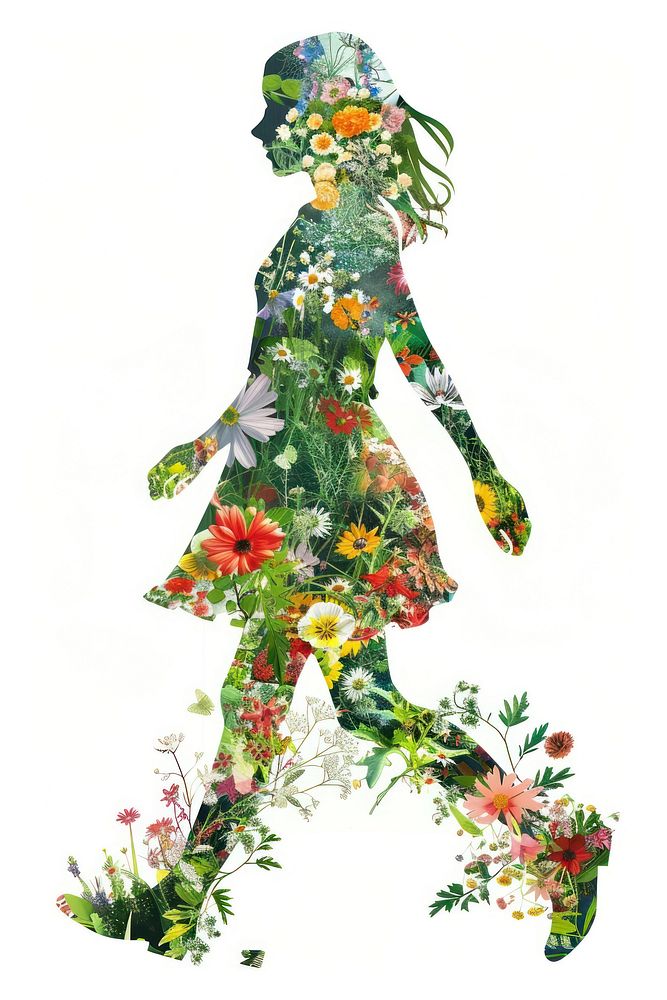 Flower Collage girl walking flower pattern plant.