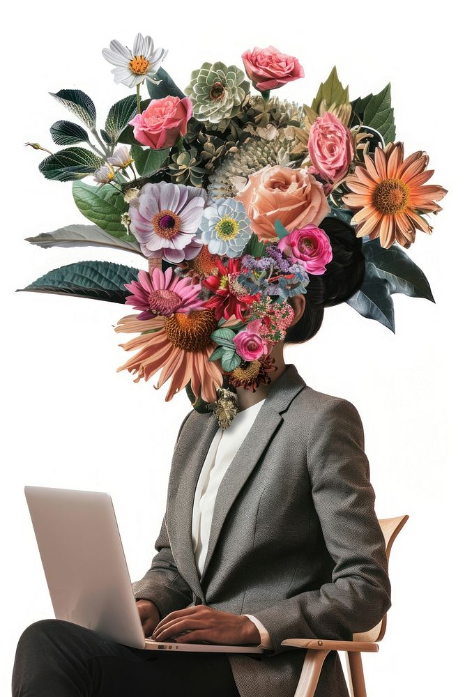 Flower Collage Businesswman working flower computer pattern.