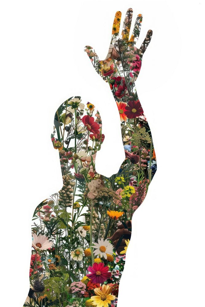Collage man raising hand pattern flower collage.